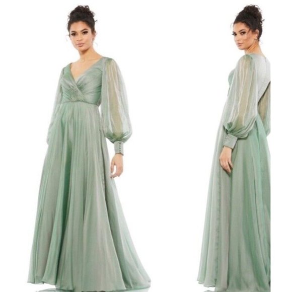 Mac Duggal Size 4 Sheer Blouson Sleeve Sage Green  Gown 67873 Dress Sold Out - Picture 2 of 14